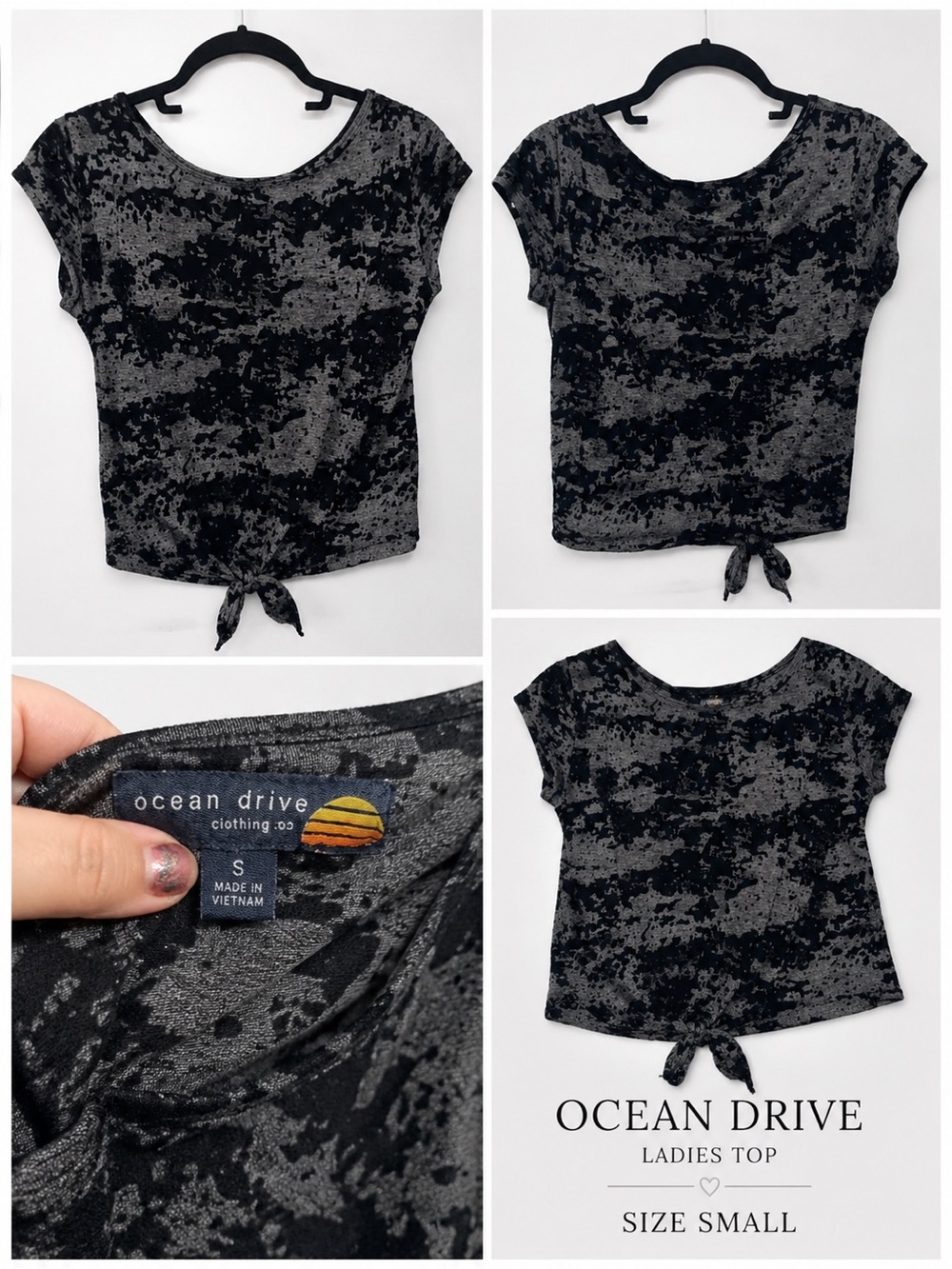 Ocean Drive Black & Gray Tie-Front Crop Top